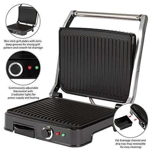 Clatronic KG 3487 Grill de Asar con Tapa Basculante, 2000 W, Acero Inoxidable