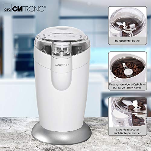 Clatronic KSW 3306 Molinillo eléctrico, Especias, Semillas o Granos, Capacidad 40gr 20 Tazas de café, Cuchillas Acero Inoxidable, tamaño Compacto, 120 W, Blanco/Plata