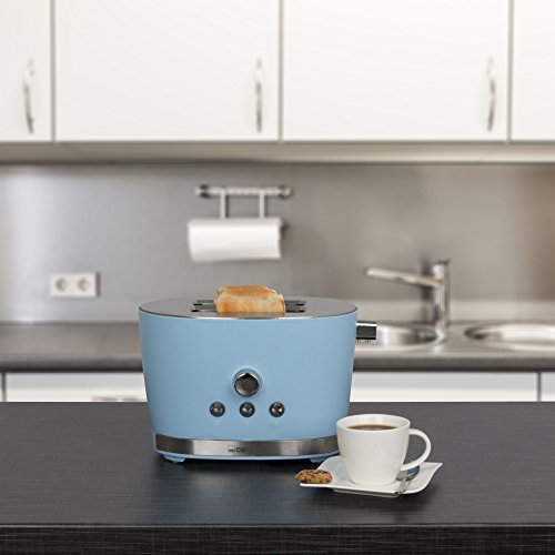 Clatronic TA 3690 Tostadora de pan, 2 ranuras, 3 funciones, tostar, calentar y descongelar, 850 W, regulador de nivel de tostado, calienta panecillos o bolleria, serie Rock&Retro, vintage azul pastel