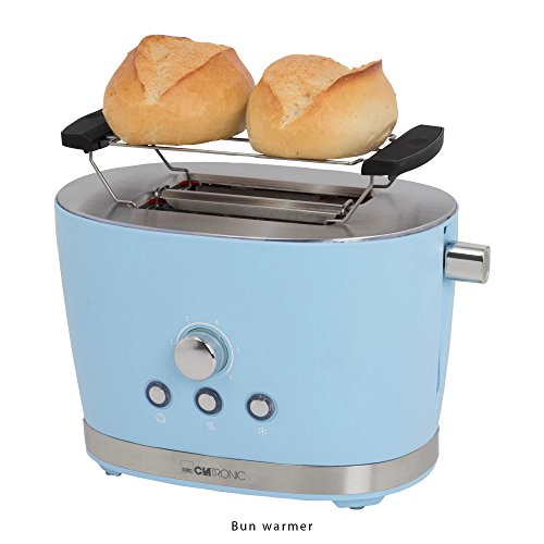 Clatronic TA 3690 Tostadora de pan, 2 ranuras, 3 funciones, tostar, calentar y descongelar, 850 W, regulador de nivel de tostado, calienta panecillos o bolleria, serie Rock&Retro, vintage azul pastel