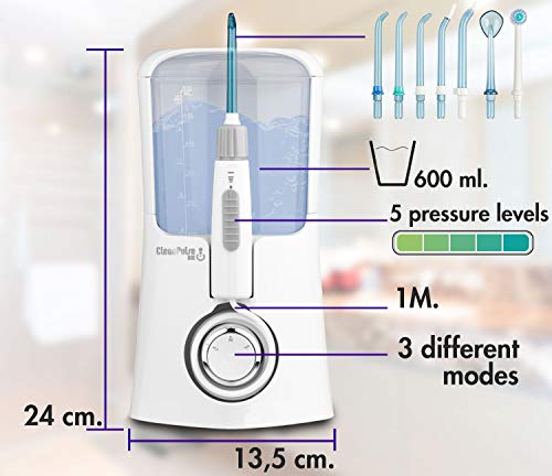 Clean Pulse One - Irrigador bucal - Higiene Dental Profesional 10 Niveles de presión, 7 Boquillas con estuche y Depósito 600 ml. Recomendado por dentistas y médicos especialistas