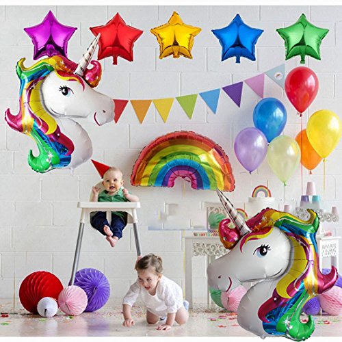 Clerfy Acc Unicornio y Arco Iris Globo de Cumpleaños Kit-de Fiesta de Cumpleaños Feliz Suministros con Globos de Unicornio Banner de Cumpleaños de Arco Iris, Gran Regalo para Niños y Amigo