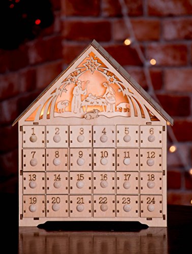 Clever Creations - Calendario de Adviento - Cuenta atrás de 24 días hasta Navidad - Madera - Escena del Nacimiento iluminada - 29,9 cm