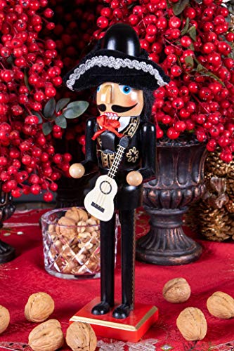 Clever Creations - Cascanueces de Navidad - Figura Decorativa Tradicional de Madera - Mariachi Guitarrista - con Traje de Charro Negro y Dorado y un Sombrero Tradicional - 35,5 cm