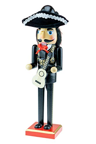 Clever Creations - Cascanueces de Navidad - Figura Decorativa Tradicional de Madera - Mariachi Guitarrista - con Traje de Charro Negro y Dorado y un Sombrero Tradicional - 35,5 cm