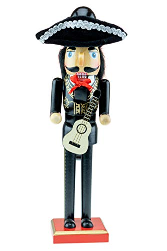 Clever Creations - Cascanueces de Navidad - Figura Decorativa Tradicional de Madera - Mariachi Guitarrista - con Traje de Charro Negro y Dorado y un Sombrero Tradicional - 35,5 cm