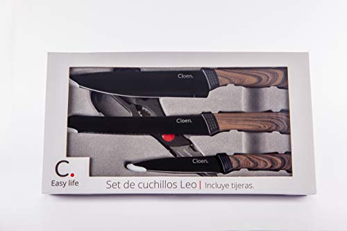 CLOEN Juego de Cuchillos | Set de 4 Piezas Cuchillos Negro Mate | Acero Inoxidable Cocineros Profesionales y Aficionados | Cuchillo Chef, Panero, Trinchar, y Tijeras Multiusos con destapador Leo.