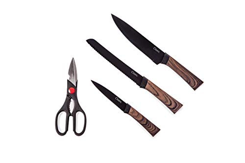 CLOEN Juego de Cuchillos | Set de 4 Piezas Cuchillos Negro Mate | Acero Inoxidable Cocineros Profesionales y Aficionados | Cuchillo Chef, Panero, Trinchar, y Tijeras Multiusos con destapador Leo.