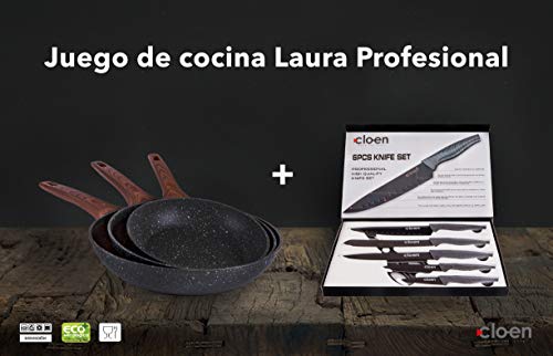 CLOEN. Set de Cuchillos + 3 sartenes de Aluminio con Revestimiento de mármol y Mango Suave de baquelita Efecto Madera, Medidas 20-24-28 cm. Set Laura by (Cuchillos Phoenix)