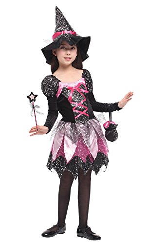 Cloudkids Disfraz de Bruja para Niñas Infantil con Sombrero de Bruja Hechicera- Niña - Disfraz - Carnaval - Halloween - Cosplay - Accesorios - Talla M, 4 a 6 años