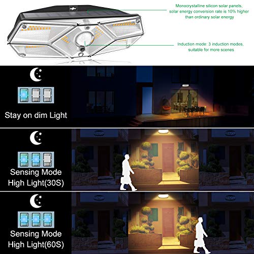 CLY Luz Solar Exterior 104 LEDs con Sensor de Movimiento，Foco Solar LED 3000K y Super Brillante de 2500mAh，3 Modos de Iluminación 120º Aplique Solares para Jardín