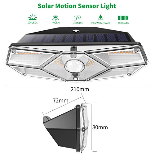 CLY Luz Solar Exterior 104 LEDs con Sensor de Movimiento，Foco Solar LED 3000K y Super Brillante de 2500mAh，3 Modos de Iluminación 120º Aplique Solares para Jardín