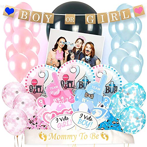 CNNIK 103 Piezas de género revelan la decoración de la Fiesta de Bienvenida al bebé de niño o niña - 36 " Globos Azules y Rosados, Confeti, Pancarta, Photo Booth, mamá para ser el Marco