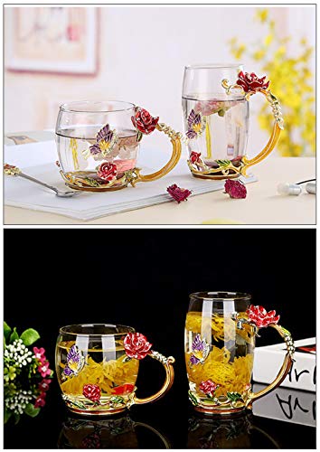 COAWG Taza de Té de Cristal Transparente, Taza de Té de Vidrio Rosa Roja Tazas de Cafe Tazas de Viaje con Manija Elaborada de la Flor y Hermosa 11oz-2Pcs