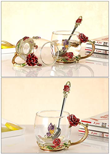 COAWG Taza de Té de Cristal Transparente, Taza de Té de Vidrio Rosa Roja Tazas de Cafe Tazas de Viaje con Manija Elaborada de la Flor y Hermosa 11oz-2Pcs