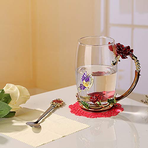 COAWG Taza de Té de Cristal Transparente, Taza de Té de Vidrio Rosa Roja Tazas de Cafe Tazas de Viaje con Manija Elaborada de la Flor y Hermosa 12oz-1Pc