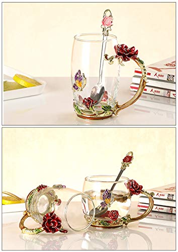 COAWG Taza de Té de Cristal Transparente, Taza de Té de Vidrio Rosa Roja Tazas de Cafe Tazas de Viaje con Manija Elaborada de la Flor y Hermosa 12oz-1Pc