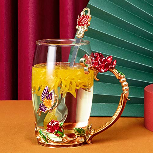 COAWG Taza de Té de Cristal Transparente, Taza de Té de Vidrio Rosa Roja Tazas de Cafe Tazas de Viaje con Manija Elaborada de la Flor y Hermosa 12oz-1Pc