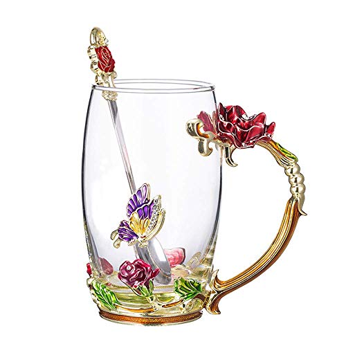 COAWG Taza de Té de Cristal Transparente, Taza de Té de Vidrio Rosa Roja Tazas de Cafe Tazas de Viaje con Manija Elaborada de la Flor y Hermosa 12oz-1Pc