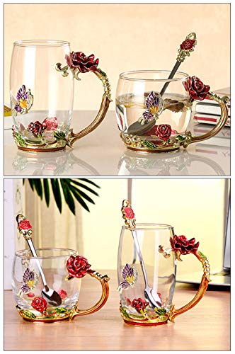 COAWG Taza de Té de Cristal Transparente, Taza de Té de Vidrio Rosa Roja Tazas de Cafe Tazas de Viaje con Manija Elaborada de la Flor y Hermosa 12oz-2Pcs