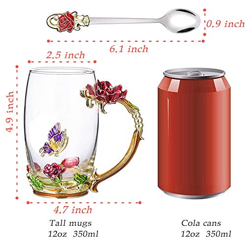 COAWG Taza de Té de Cristal Transparente, Taza de Té de Vidrio Rosa Roja Tazas de Cafe Tazas de Viaje con Manija Elaborada de la Flor y Hermosa 12oz-2Pcs