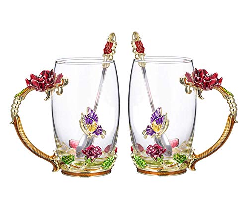 COAWG Taza de Té de Cristal Transparente, Taza de Té de Vidrio Rosa Roja Tazas de Cafe Tazas de Viaje con Manija Elaborada de la Flor y Hermosa 12oz-2Pcs