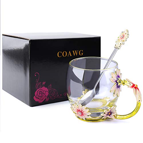 COAWGTaza de Té con Cuchara, Crisantemo Cristales de Cristal Claro Tazas de Té y Café con Mango de Flores Regalo para Abuelas Madres, Maestros,Amigo Cumpleaños Navidad San Valentín 330ml-1Pc