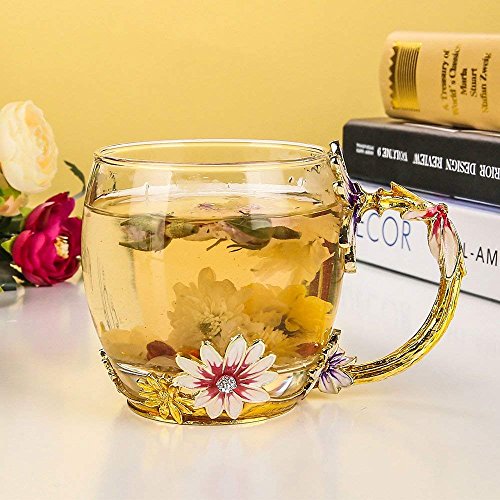 COAWGTaza de Té con Cuchara, Crisantemo Cristales de Cristal Claro Tazas de Té y Café con Mango de Flores Regalo para Abuelas Madres, Maestros,Amigo Cumpleaños Navidad San Valentín 330ml-1Pc