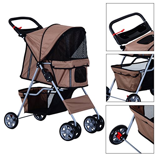 Cochecito Plegable Mascotas 75x45x97cm Perros Gatos Carrito Ruedas Giran 360º Cafe