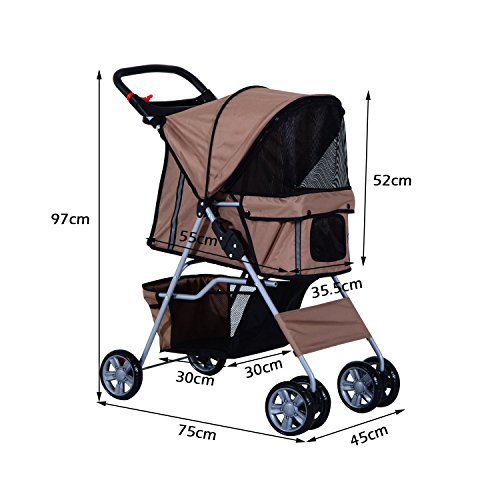 Cochecito Plegable Mascotas 75x45x97cm Perros Gatos Carrito Ruedas Giran 360º Cafe