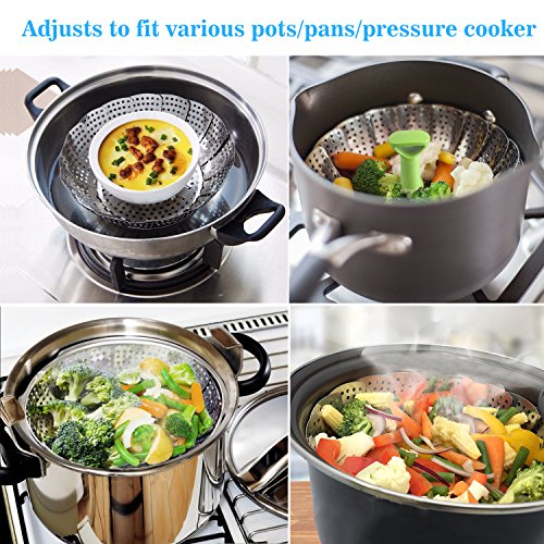 Cocina de acero inoxidable Cocina Vaporera para ollas ajustables de 18 cm - 28 cm Vaporera para verduras Silencio sin BPA inoxidable adecuado para alimentos para bebés, plata 18-28 cm
