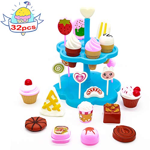 Cocina Set Comida Juguete Fiesta Cumpleaños Infantil Helados Juguete Juego de Roles - DIY Postres y Helado de Imaginación Set para niños 3 años (32 Pcs )