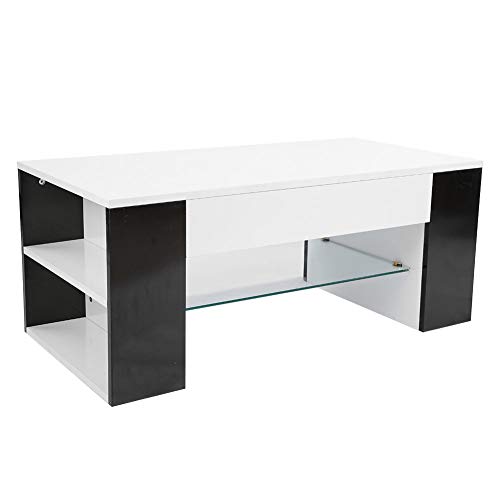 Cocoarm Mesa de Centro Mesa de salón Mesa Auxiliar Mesa de sofá Sala de Estar Mesa de Centro con Compartimentos de Almacenamiento y Estante de Vidrio Central