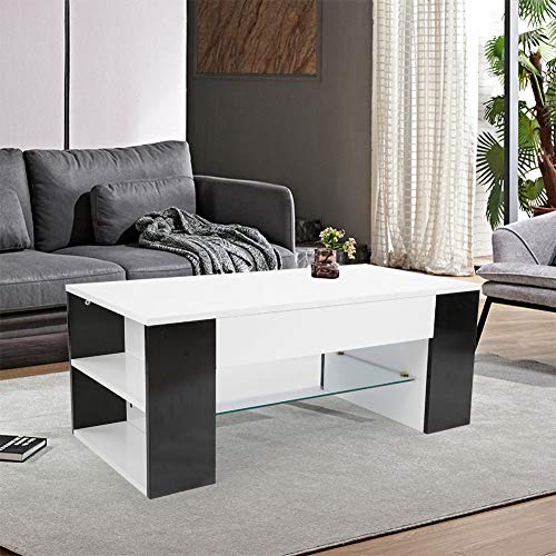 Cocoarm Mesa de Centro Mesa de salón Mesa Auxiliar Mesa de sofá Sala de Estar Mesa de Centro con Compartimentos de Almacenamiento y Estante de Vidrio Central