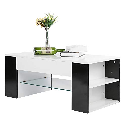 Cocoarm Mesa de Centro Mesa de salón Mesa Auxiliar Mesa de sofá Sala de Estar Mesa de Centro con Compartimentos de Almacenamiento y Estante de Vidrio Central