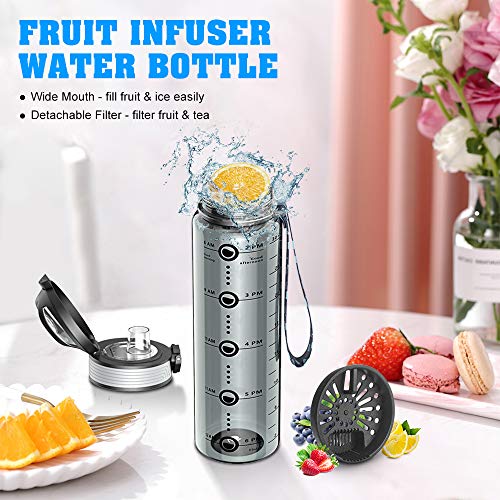 Cocoda Botella Agua con Marcador Tiempo, 1L Botella Agua Deporte Sin BPA con Filtro Fruta & Té, Colador Extraíble, Prueba de Fugas, Botella Reutilizable para Gimnasia, Yoga y Viajes