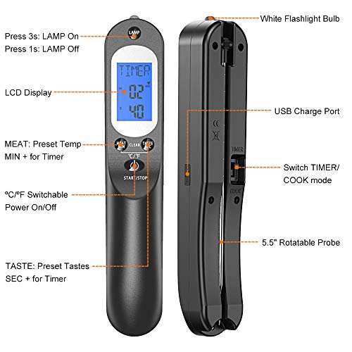 Cocoda Termometro Cocina y Temporizador de Cocina, Termometro Horno para Alimentos, Parrilla, Barbacoa, Termómetro Digital Cocina USB Recargable con Pantalla LCD Lectura Instantánea y Linterna