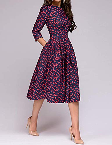 Cóctel Floral para Mujer de los años 50 Vestidos Retro Vintage Vestido de Noche Midi Elegante 3/4 Mangas