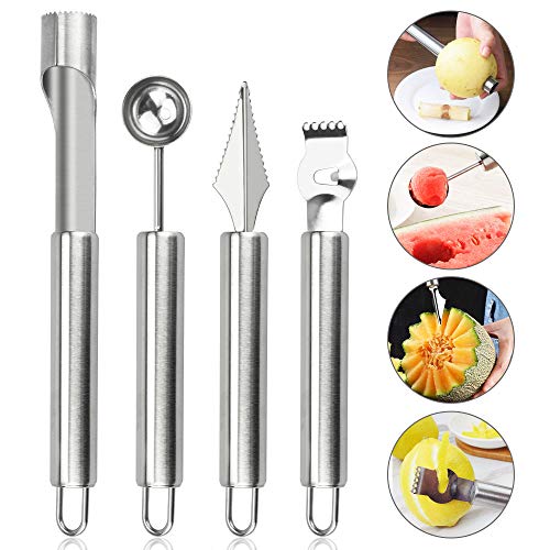 CODIRATO 4 PCS Herramientas para Tallar Frutas 4 en 1 de Acero Inoxidante Cuchillo Tallado de Fruta Cuchara de Excavación Bola Multifuncional Corer de Fruta Casera para Diferentes Frutas