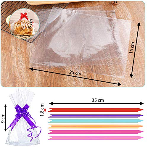 CODIRATO 50 PCS Bolsas de Plástico de Celofán Transparente, Bolsas de Celofán con 60 Flores de Arrastre Bolsas de Plástico para Galletas para Dulces, Regalos, Comestibles (25*15cm)