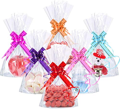 CODIRATO 50 PCS Bolsas de Plástico de Celofán Transparente, Bolsas de Celofán con 60 Flores de Arrastre Bolsas de Plástico para Galletas para Dulces, Regalos, Comestibles (25*15cm)