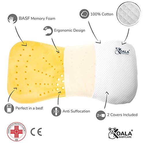 Cojín Ortopédico para bebe 0-36 Meses Plagiocefalia desenfundable por la cama (con dos cobertores) para prevenir y curar la Cabeza plana in Memory Foam Antiasfixia - KoalaBabycare® - Blanco - Maxi