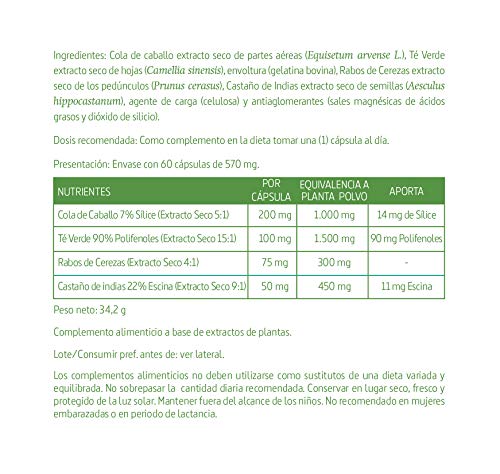 Cola de caballo Complex 3.250 mg, 60 cápsulas, con té verde, rabos de cereza y castaño de indias.