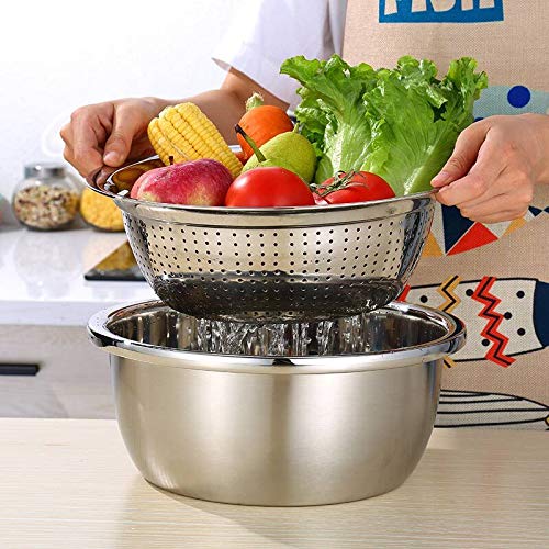 Colador de Cocina Acero Inoxidable y Cuenco de Mezcla Set, Colador Escurridor Bol de Metal Ensaladera Bol para Escurrir Alimentos, Verduras, Frutas, Pastas y Servir, 26cm