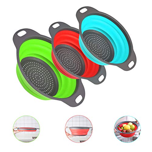 Colador de Cocina Plástico 3pcs Set Escurridor Pasta Plegable, Coladores de Silicona sin Tóxico, Accesorios Cocina para Camping, Verduras, Frutas (Azul, Rojo, Verde)