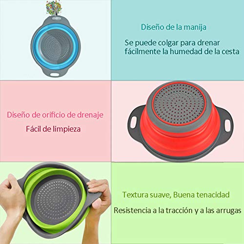 Colador de Cocina Plástico 3pcs Set Escurridor Pasta Plegable, Coladores de Silicona sin Tóxico, Accesorios Cocina para Camping, Verduras, Frutas (Azul, Rojo, Verde)