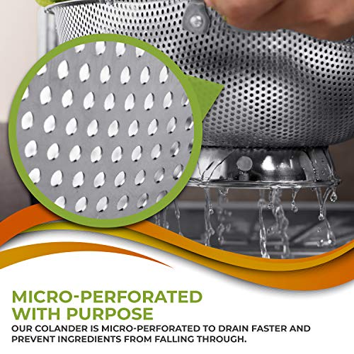 Colador microperforado LiveFresh de acero inoxidable de 4,7 litros - Escurridor premium con asas resistentes y una base circular sólida de autodrenaje