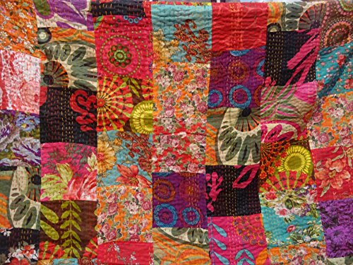 Colcha de algodón Tribal Asian Textiles, bordado Kantha hecho a mano, Queen size, reversible