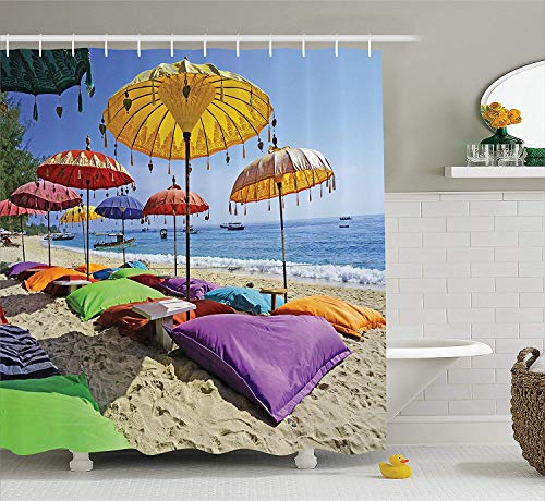 Colección de decoración balinesa de Yeuss,Playa prístina bañada por Las sombrillas diurnas de Bali Sandy Seashore Almohadas Imagen de Ocio,Cortina de baño de Tela de poliéster,con Ganchos,72'x80'