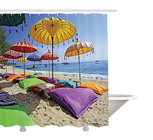 Colección de decoración balinesa de Yeuss,Playa prístina bañada por Las sombrillas diurnas de Bali Sandy Seashore Almohadas Imagen de Ocio,Cortina de baño de Tela de poliéster,con Ganchos,72'x80'